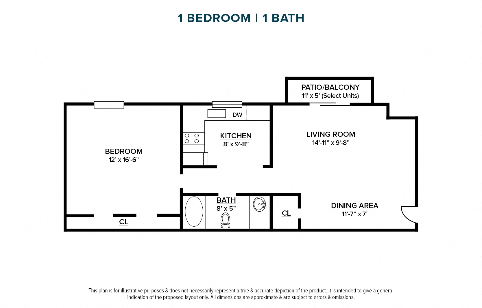 Floor plan for 1 bed, 1 bath, 700 sqft